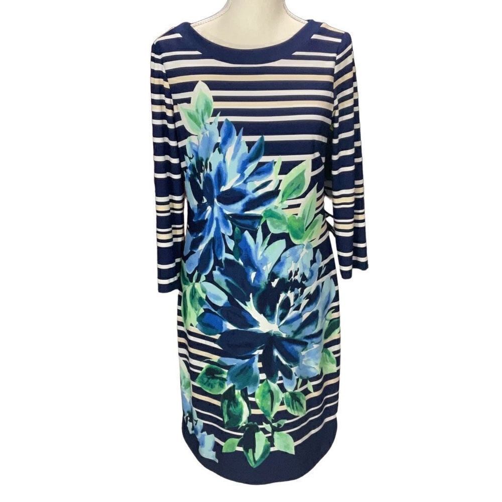 Vince Camuto Navy Floral Striped Lined Dress Zipper Back 3/4 Sleeve Size 8